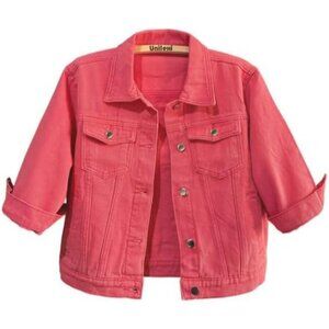 Women's 3/4 Sleeve Colored Cropped Denim Jacket Short Jean Jacket Trucker Red